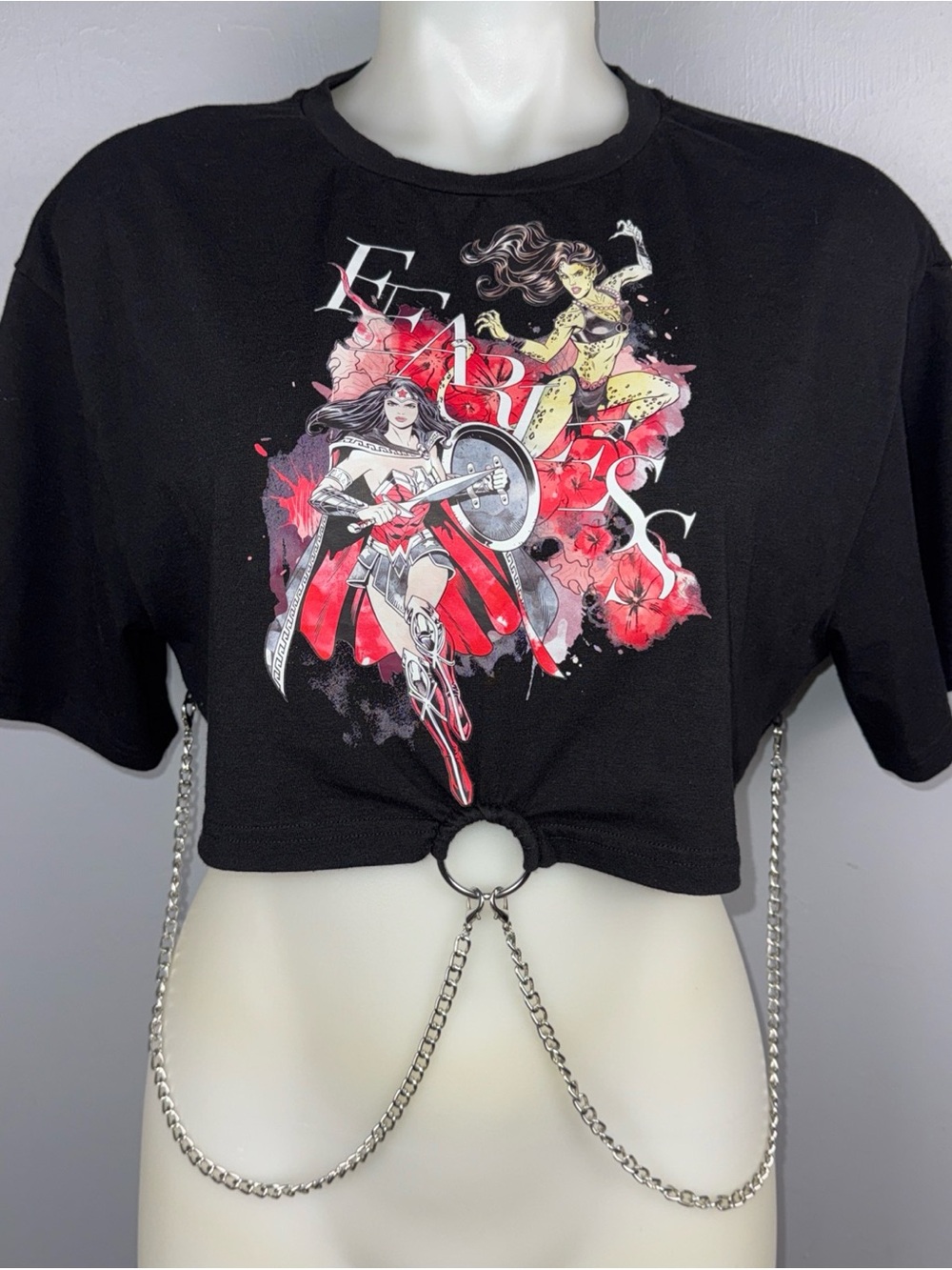 DC Women Core X SHEIN T-Shirt Womens L Black Wonder Woman Cropped & Chains
